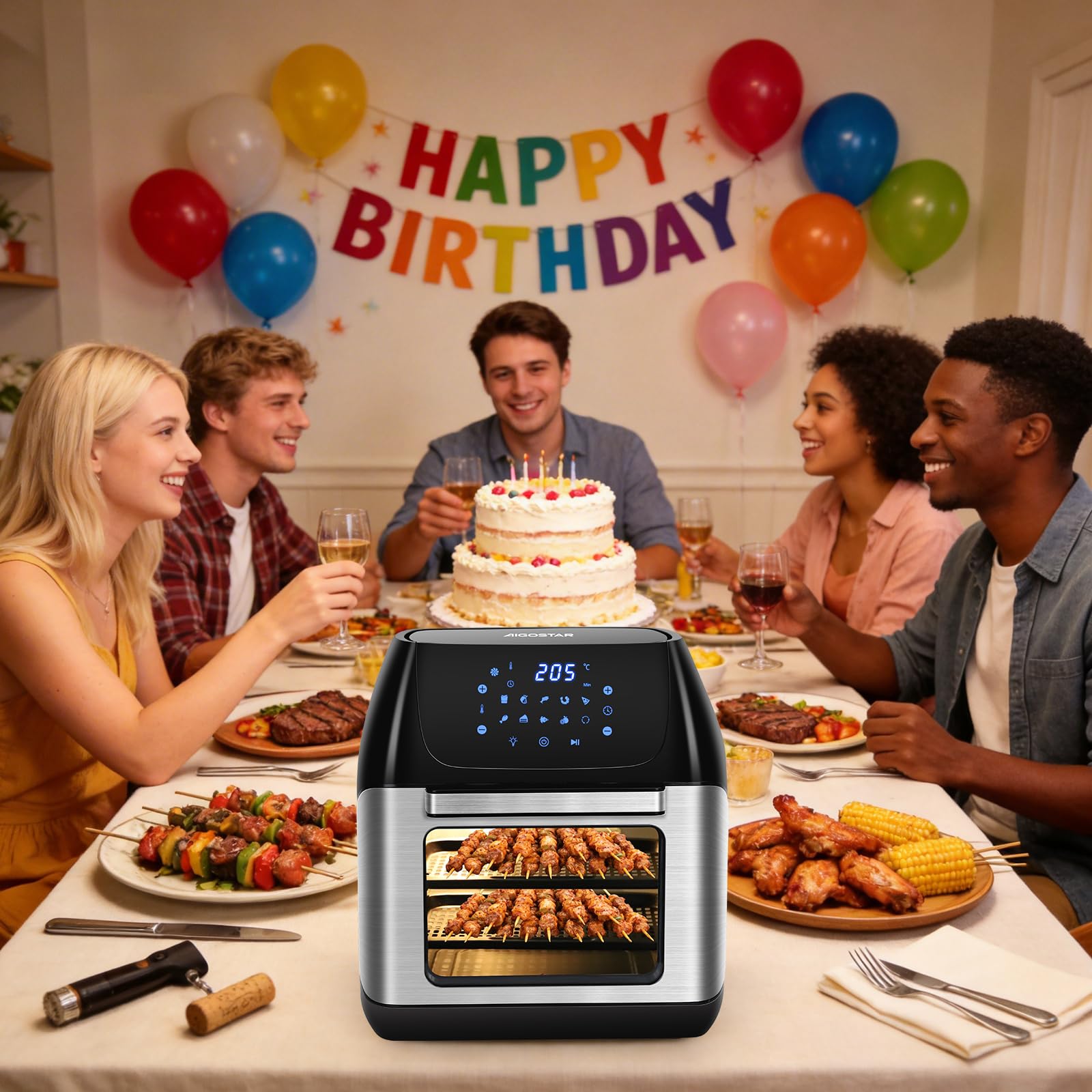 Aigostar Freidora Aire 12L con Sistema giratorio, Horno de Aire 1500W, 9 Programas y Pantalla LED Táctil, Air Fryer de Acero Inoxidable con Ventana Visualización, Accesorios Incluidos, Deshidratador