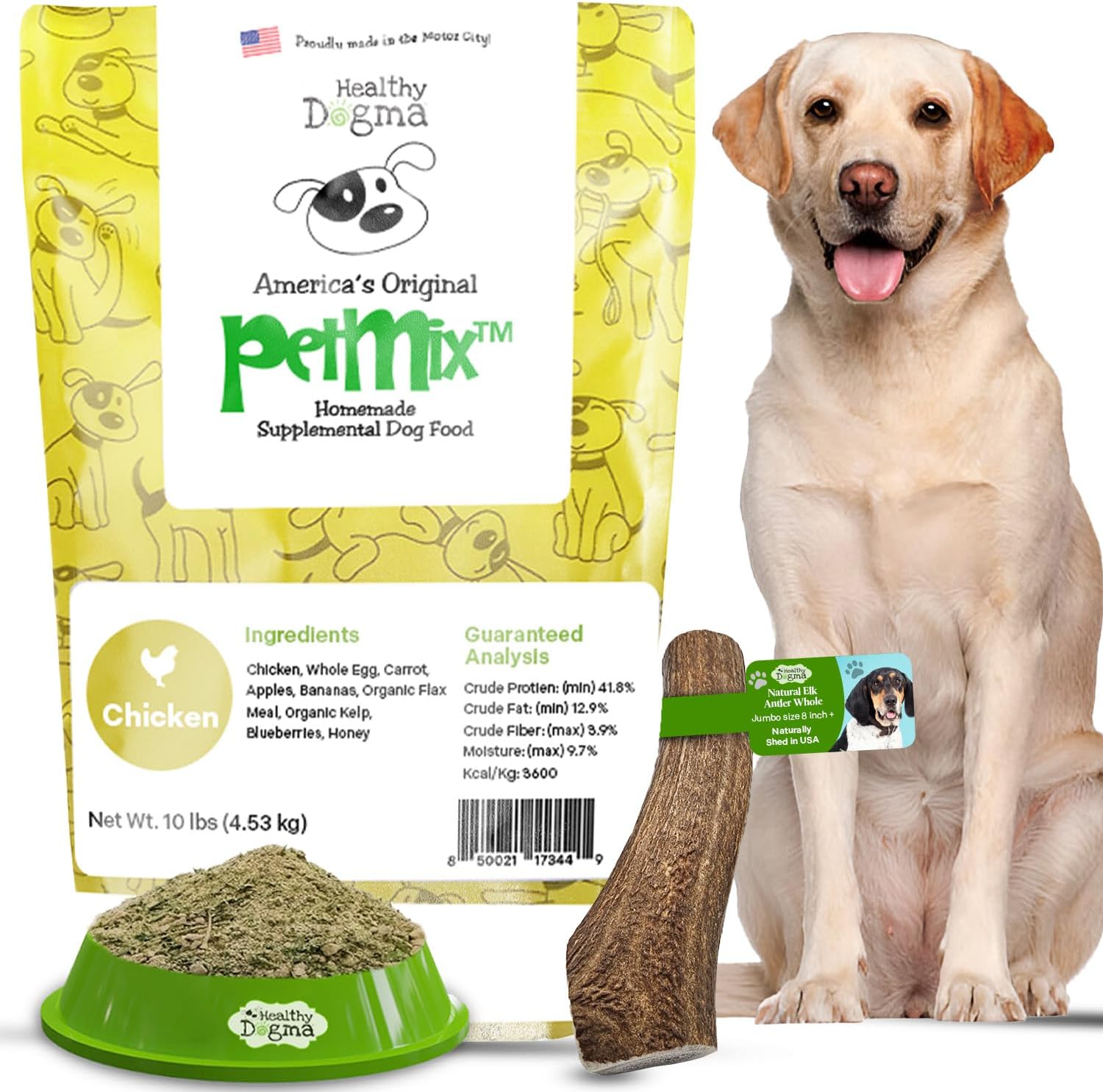 Healthy Dogma Allergy-Sensitive Dog Food & Elk Antler Chew Combo: Dehydrated Chicken Dinner (10 lbs) + Natural, Long-Lasting Elk Antler for Tough Chewers (8+ Inches)