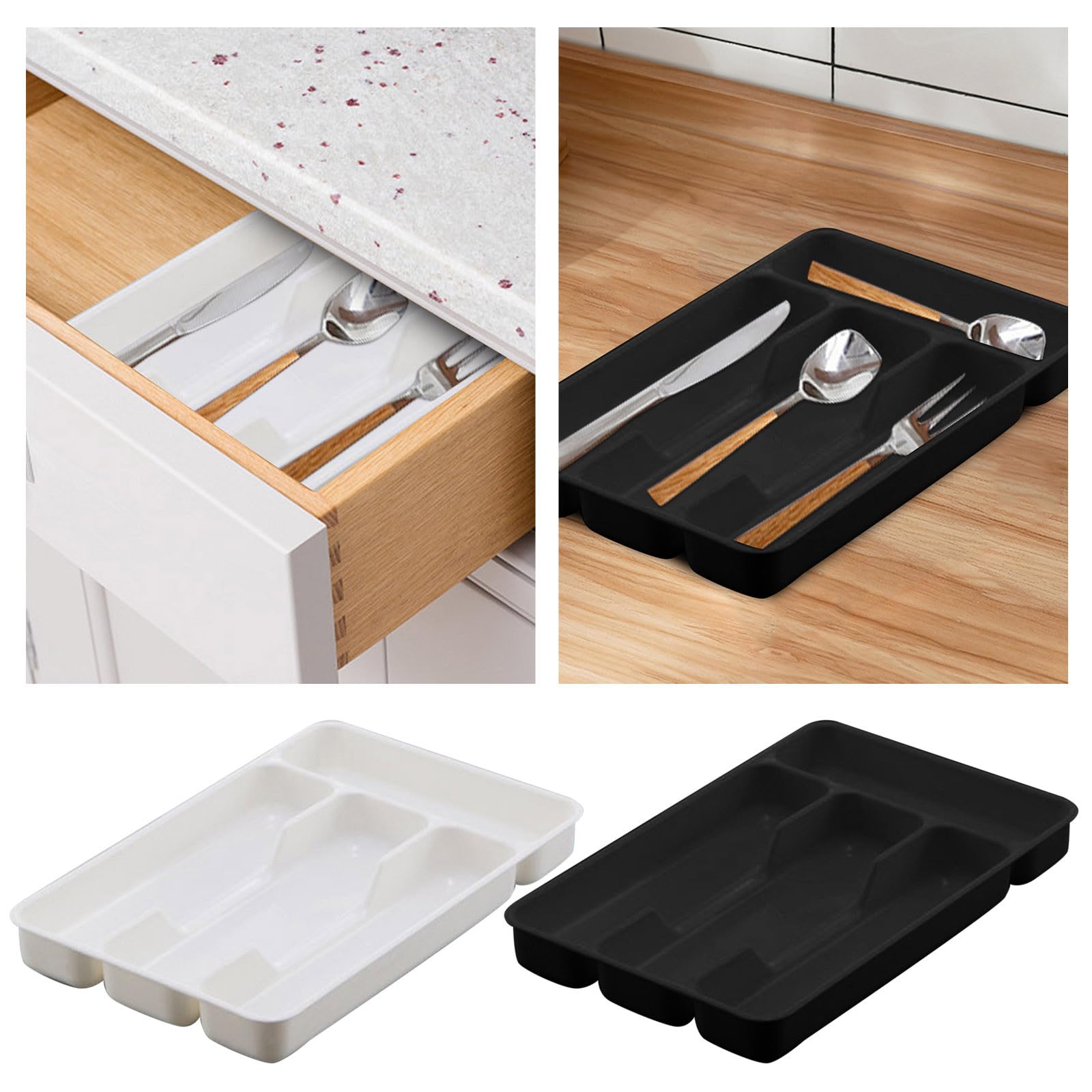 BFYSFBAIG Small Cutlery Tray, Drawer Organiser with 4 Compartments, Plastic Kitchen Drawer Insert, Practical Drawer Organiser for Kitchen Accessories, Utensils and Cutlery (White)