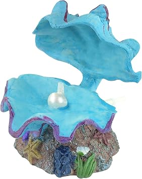 FuninCrea Shell Aquarium Air Bubbler Decorations - Resin Ornaments with Scallop Pearl Air Stone - Fish Tank Landscaping Blue