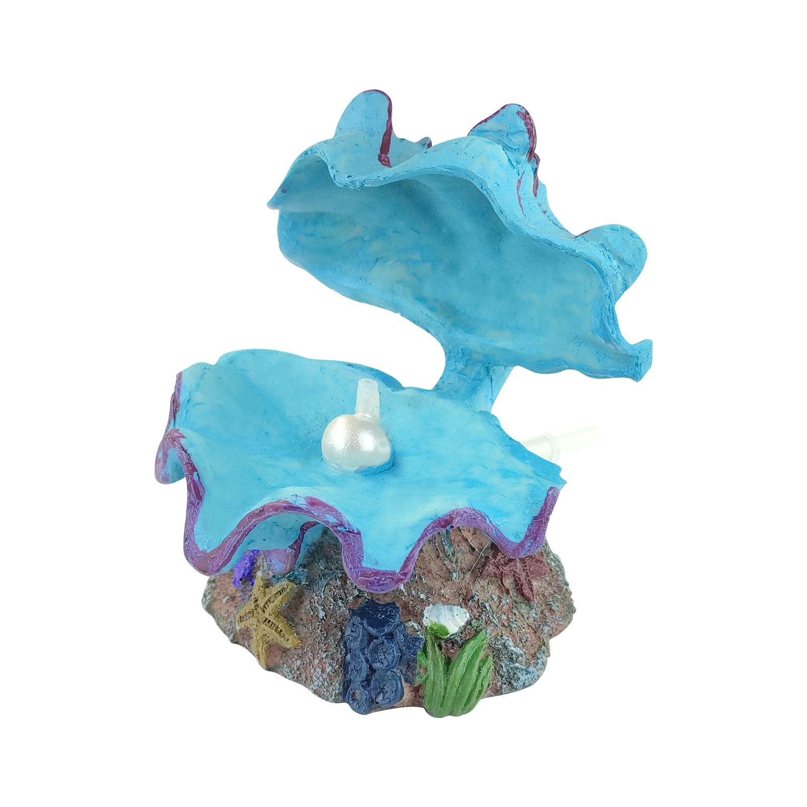 FuninCrea Shell Aquarium Air Bubbler Decorations - Resin Ornaments with Scallop Pearl Air Stone - Fish Tank Landscaping (Blue)