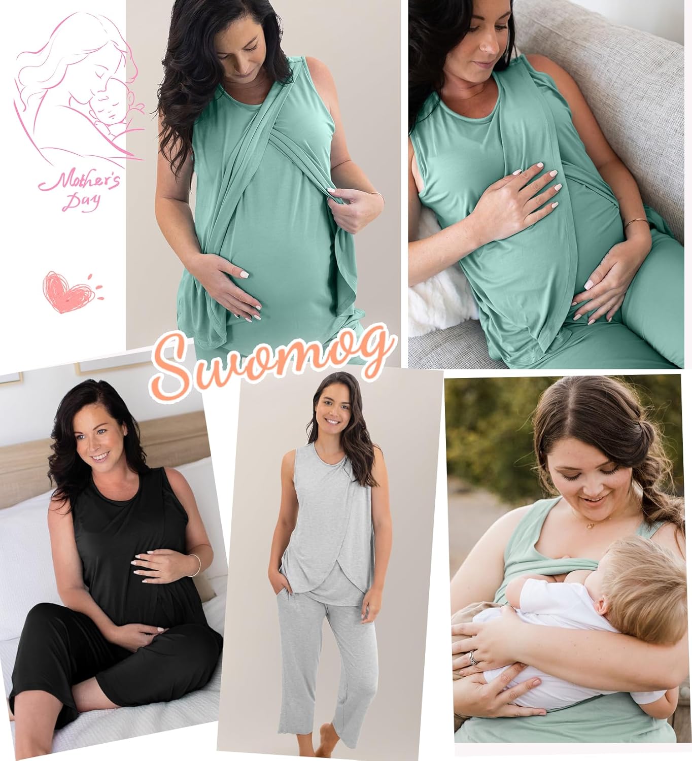 SWOMOG Women Maternity Pajama Set Nursing Pjs Double Layer Sleeveless Top Capri Pregnancy Set Breastfeeding Pjs with Pockets - Image 5