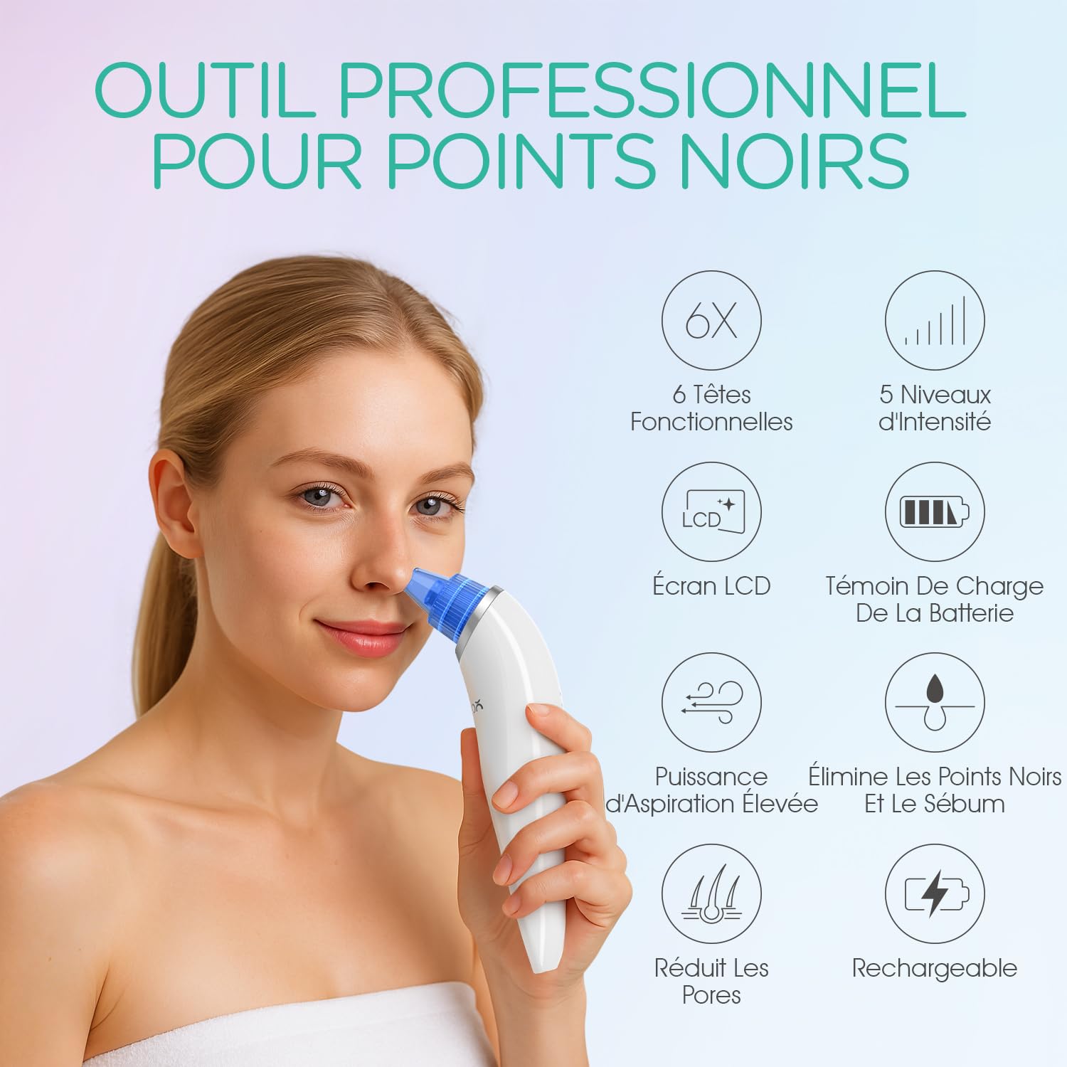 VOYOR Aspirateur Point Noirs Professionnel 6 en 1 Extracteur de Points Noir Electrique Tire Comédons Acnés Nettoyant de Pores Soin Visage Femme, 6 Sondes et 5 Modes, Rechargeable avec écran LCD BR510