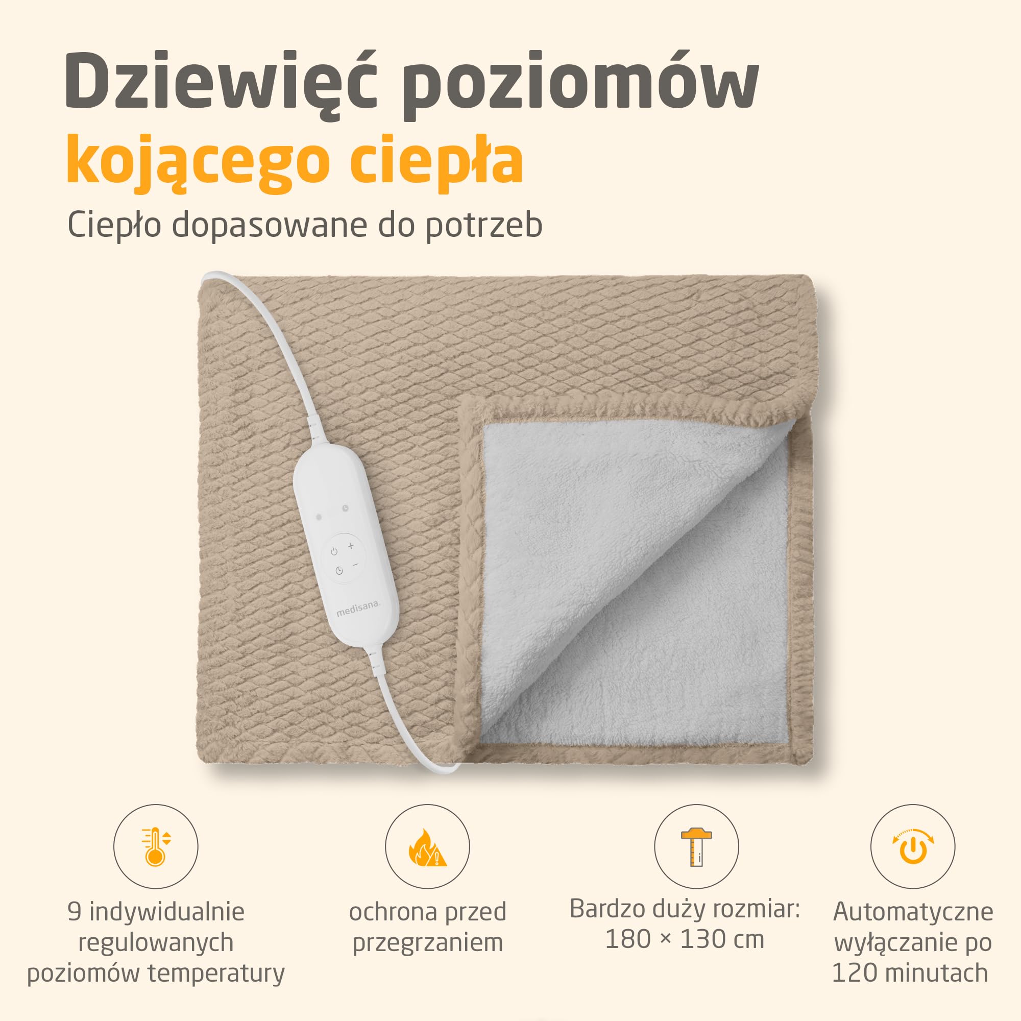 medisana HB 419 elektryczny koc grzewczy, przytulny, koc termiczny | z 9 stopniami temperatury, z automatycznym wyłączaniem i zabezpieczeniem przed przegrzaniem, kolor cloud cream beige