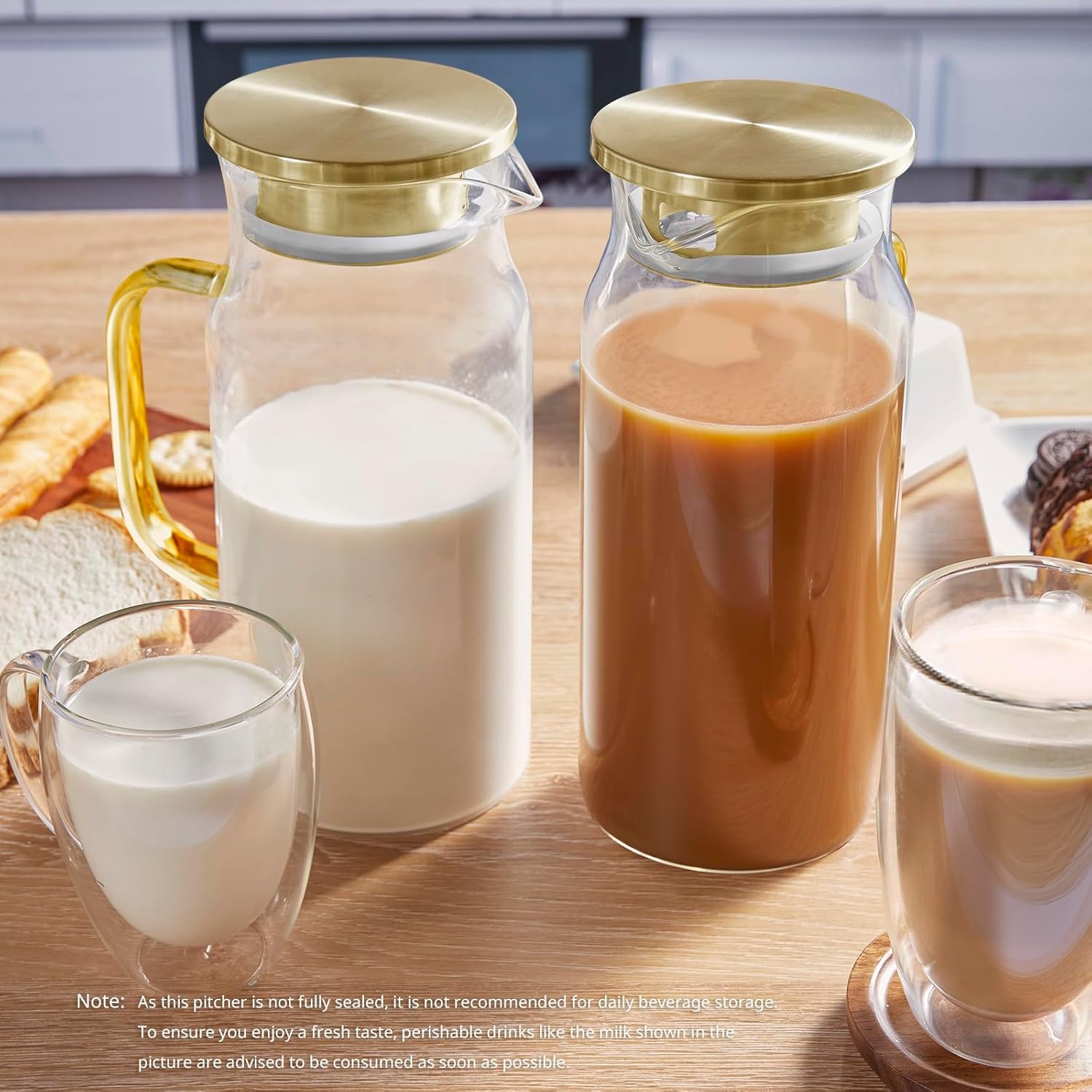 Bivvclaz 2 Pack 2 Liter 68 oz 2.1 Qt Gold Glass Pitcher with Lid and Handle, Water Pitcher for Fridge, Glass Carafe for Hot/Cold Water, Large Iced Tea Pitcher for Coffee, Juice and Homemade Beverage
