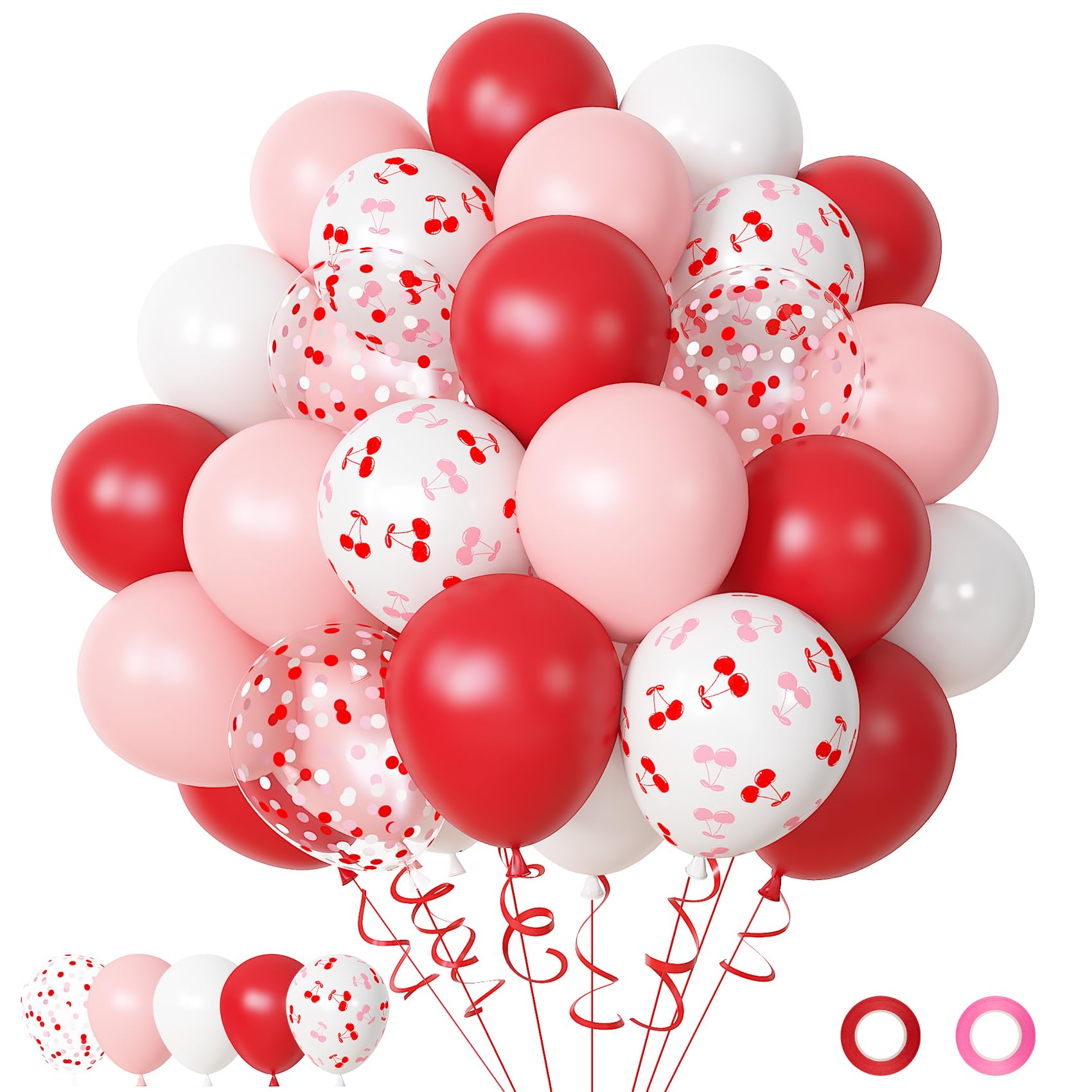 Kirschballons Set, Rot Rosa und Weiß Ballon mit 30,5 cm Kirsche Gedruckt Konfetti Ballons für Frauen Mädchen Geburtstag Party Dekoration Supplies