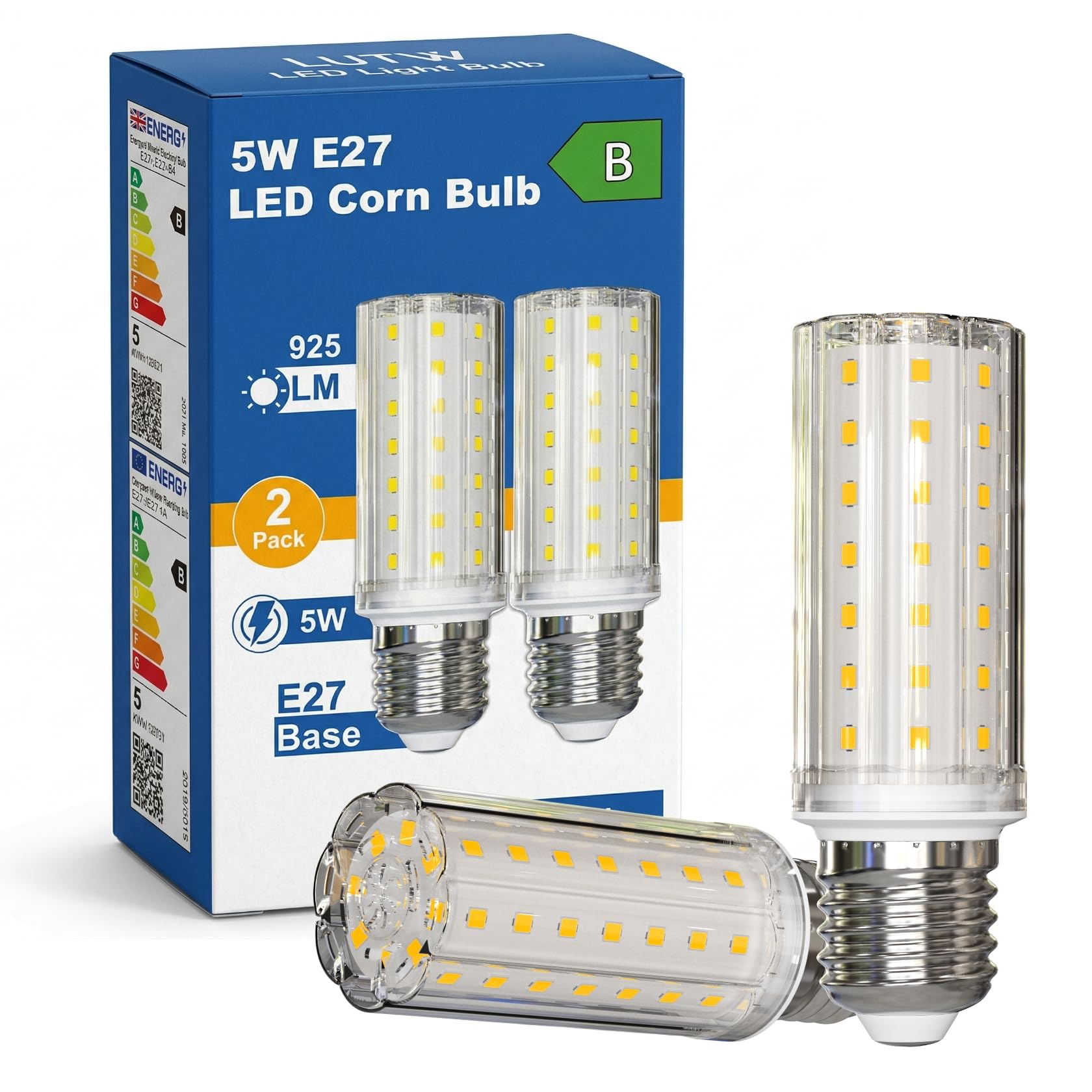 LUTW E27 Screw Bulb Warm White 3000K, 5W E27 LED Bulb Equivalent 90W Incandescent, 925LM Super Bright LED Corn Light Bulbs for Home Lighting, Energy Class B, Ultra Efficient,Non-Dimmable, Pack of 2
