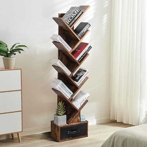Miniatura 4 de Estantería de árbol, estantería de 10 estantes con cajón, estantes geométricos y estanterías, estantes de almacenamiento de madera, estante alto