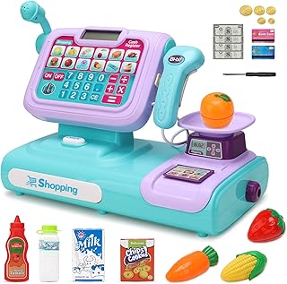 Play Cash Register Toy with Scanner for Kids-Pretend Talking Calculator Cash Register with Paging Microphone, Credit Card, Play Money for 3 Year Old, Blue, 21 Pieces