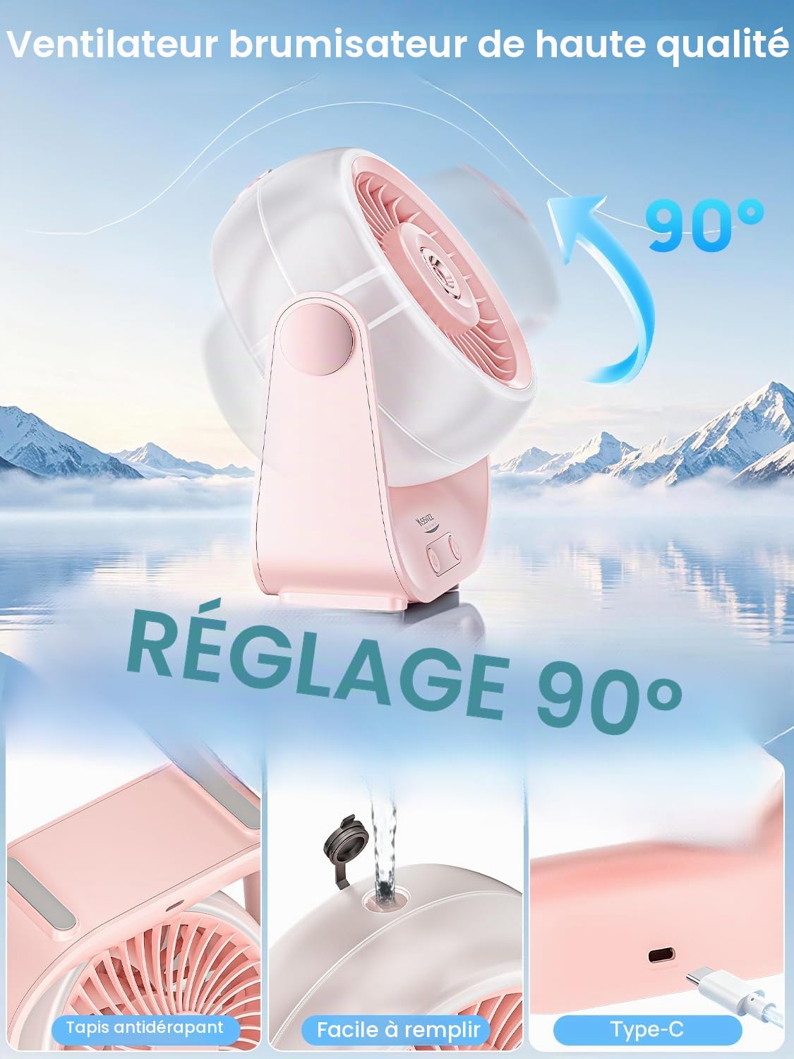 Ventilateur Brumisateur Bureau - 5000mAh Mini Ventilateurs Silencieux de Table avec 5 Vitesses, Ecran LED & Réglable à 90°, Petit Table Fan USB Rechargeable pour Chambre Bureau Extérieur (Rose)