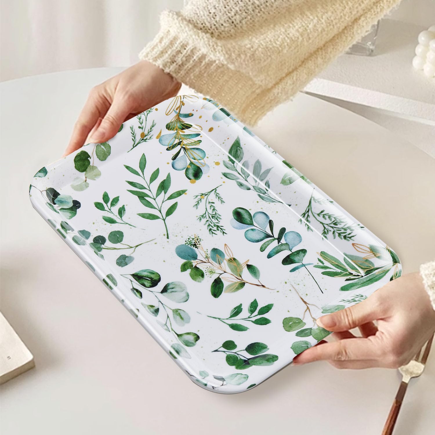 Serving Trays, 12.9 x 9.6 inch Rectangular Plastic Tray for Restaurant, Kitchen,Green Eucalyptus Leaves On A White Background