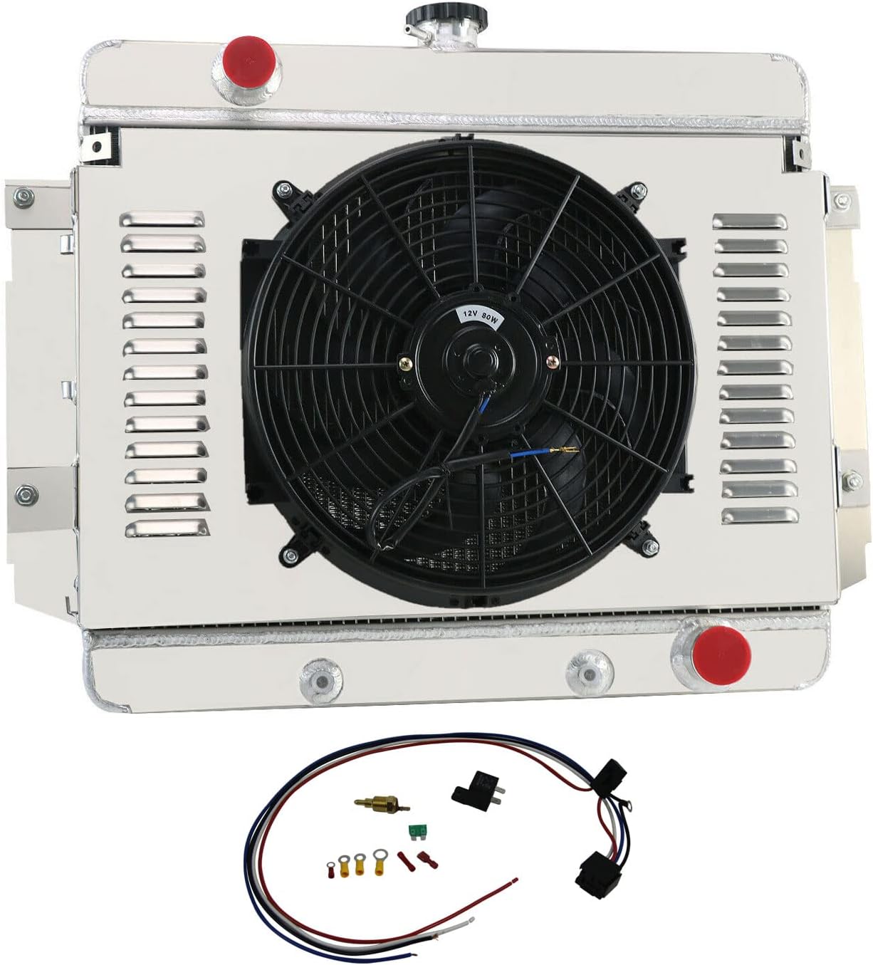 4 Row Aluminum Radiator+Shroud+14"FAN+Thermostat Kits Compatible For 69-70 Chevrolet Biscayne Impala/Bel Air V8
