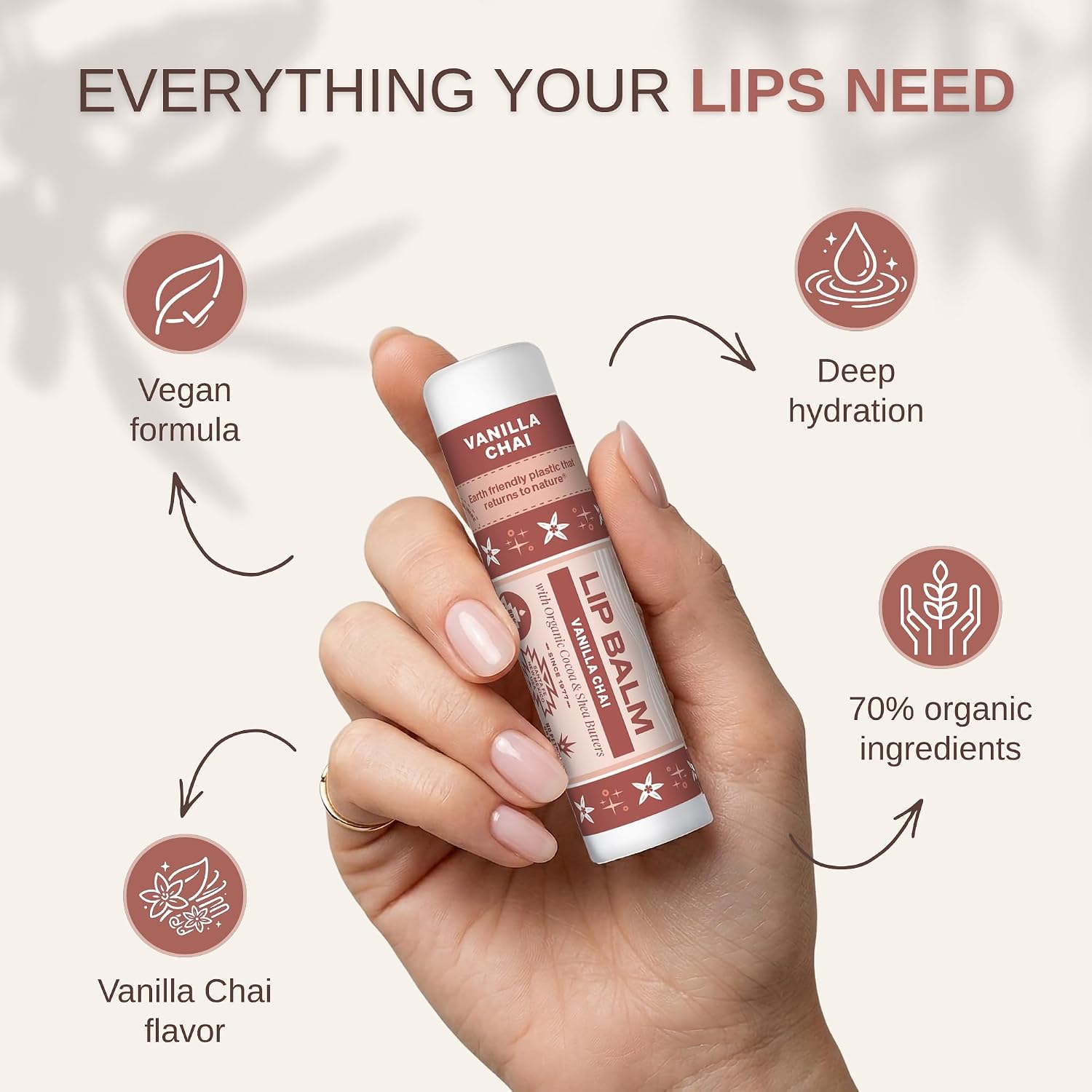 Soothing Touch Vanilla Chai Vegan Lip Balm (6-Pack, 0.25 oz Each) – 70% Organic Moisturizing Plant-Based Lip Butter for Dry Chapped Lips – Cruelty-Free & Natural Care