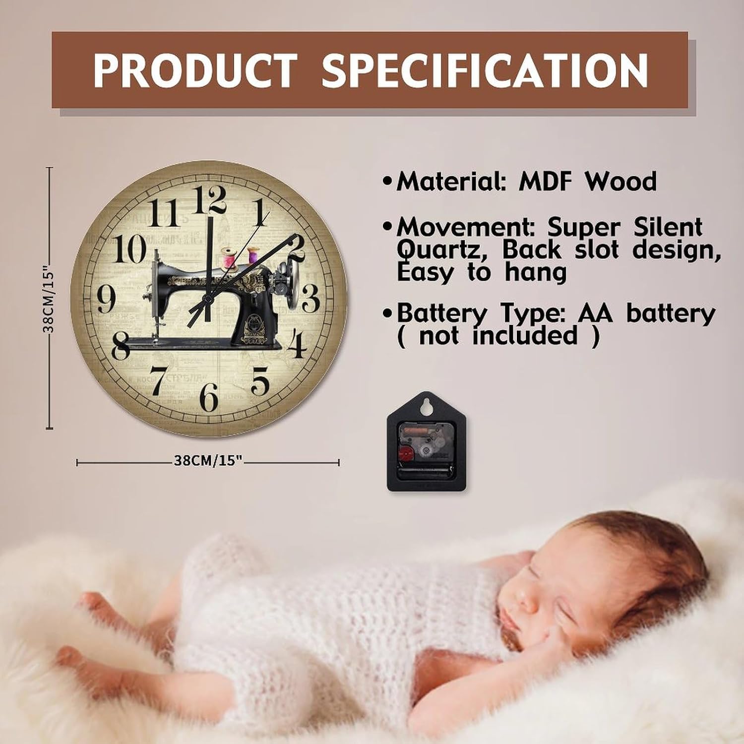 ArogGeld Sewing Machine Wall Clock Sewing Room Wooden Wall Clocks Battery Operated 15 Inch Silent Non-Ticking Modern Hanging Clock for Bedroom Living Room Farmhouse Wall Decor