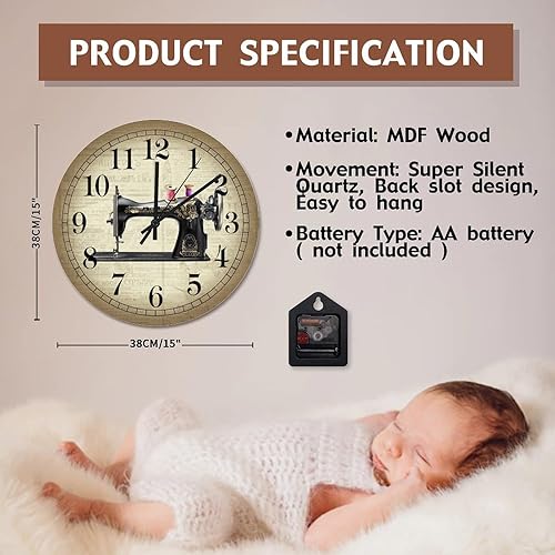 Miniatura 7 de ArogGeld Reloj de pared para sala de coser, máquina de coser, relojes de pared de 15 pulgadas, funciona con pilas, silencioso, sin tictac, reloj
