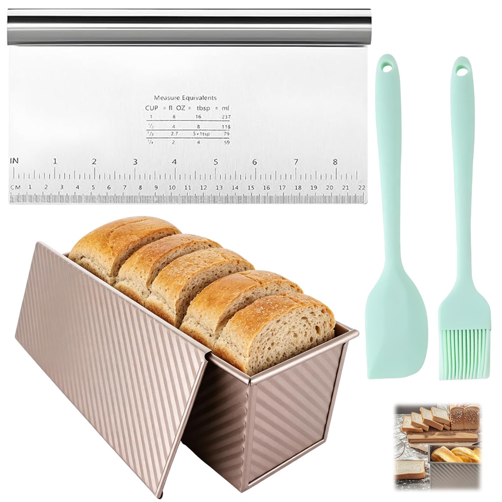 4 Pcs Bread Loaf Tin with Lid, 4-Piece Baking Set with Corrugated Toast Box, Medium Dough Scraper and Pastry Brush, Ideal for Home Baking and Bread Making, Rose Gold Finish, 0.4 mm Thickness, 22 x 12