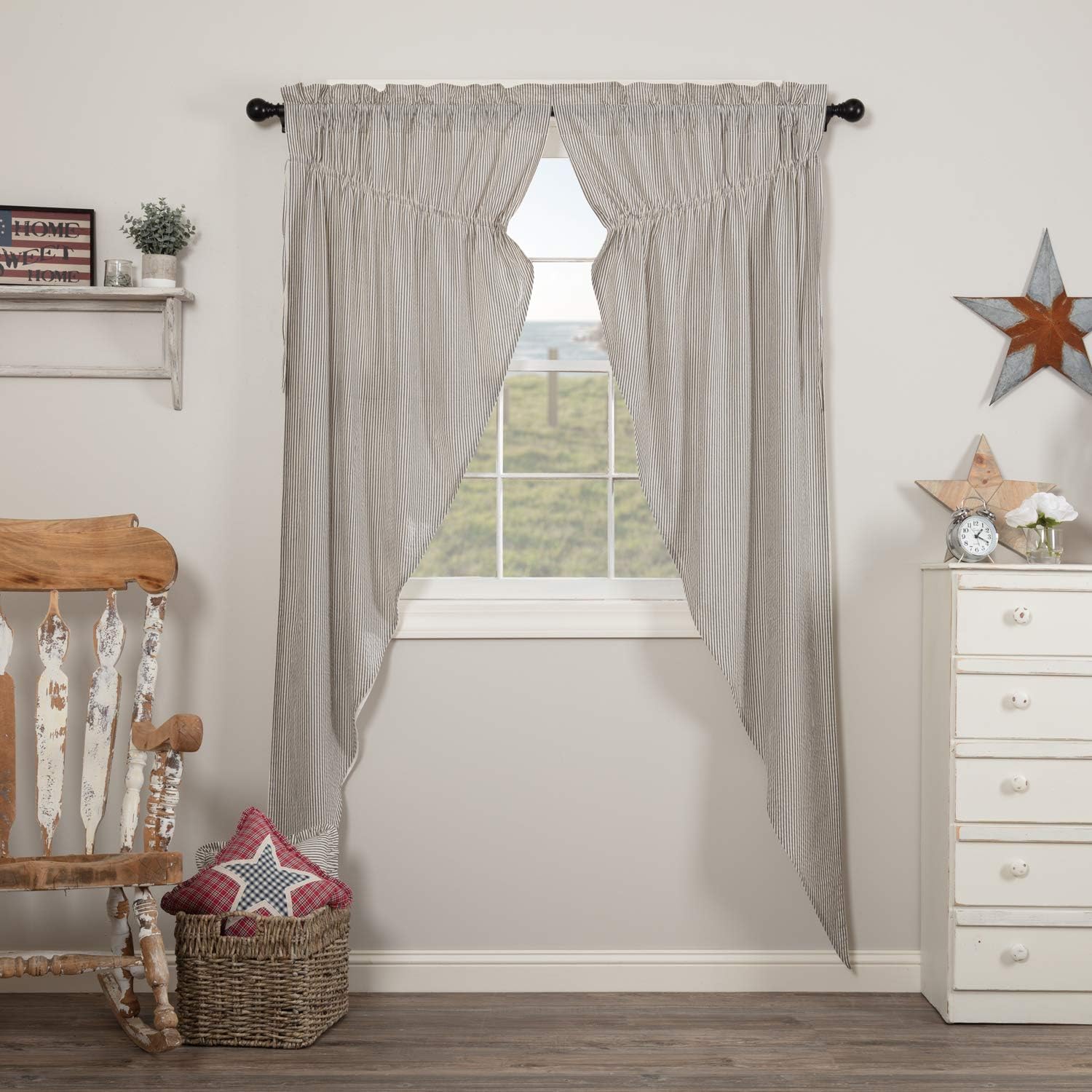 VHC Brands Hatteras Seersucker Ticking Striped Cotton Americana Curtains Rod Pocket Drawstring Ties Prairie Panel Pair, 84x36x18, Denim Blue