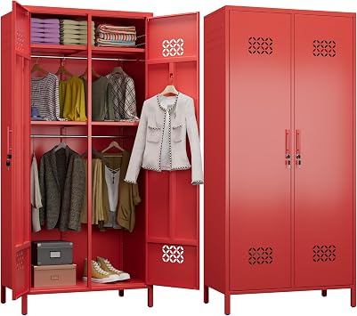METAN 71" H*33.5" W*20" D Metal Wardrobe Closet with Lock,Extra Deep 2 Doors Metal Wardrobe Cabinet for Home,Assembly Required,Red