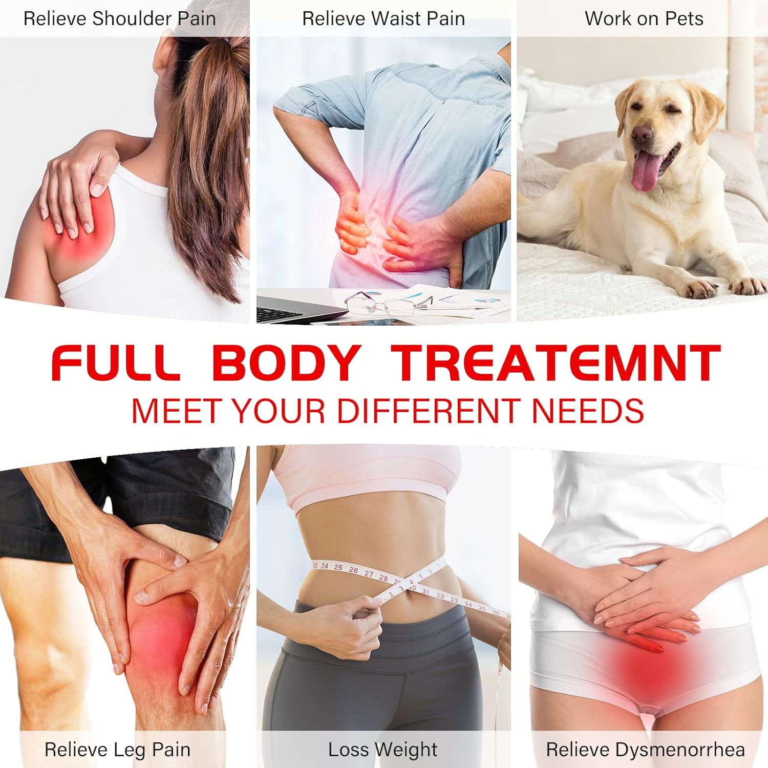 Collage of images showing the TOLOCO Red Light Therapy Belt being used on various body parts including shoulder, waist, leg, and also on a pet dog, highlighting its versatility for full body treatment.