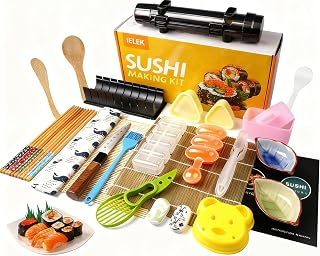 IELEK Sushi Making Kit with Bazooka Roller, Bamboo Mat, Knife, Molds & More - Pro DIY Sushi Maker Set for Beginners