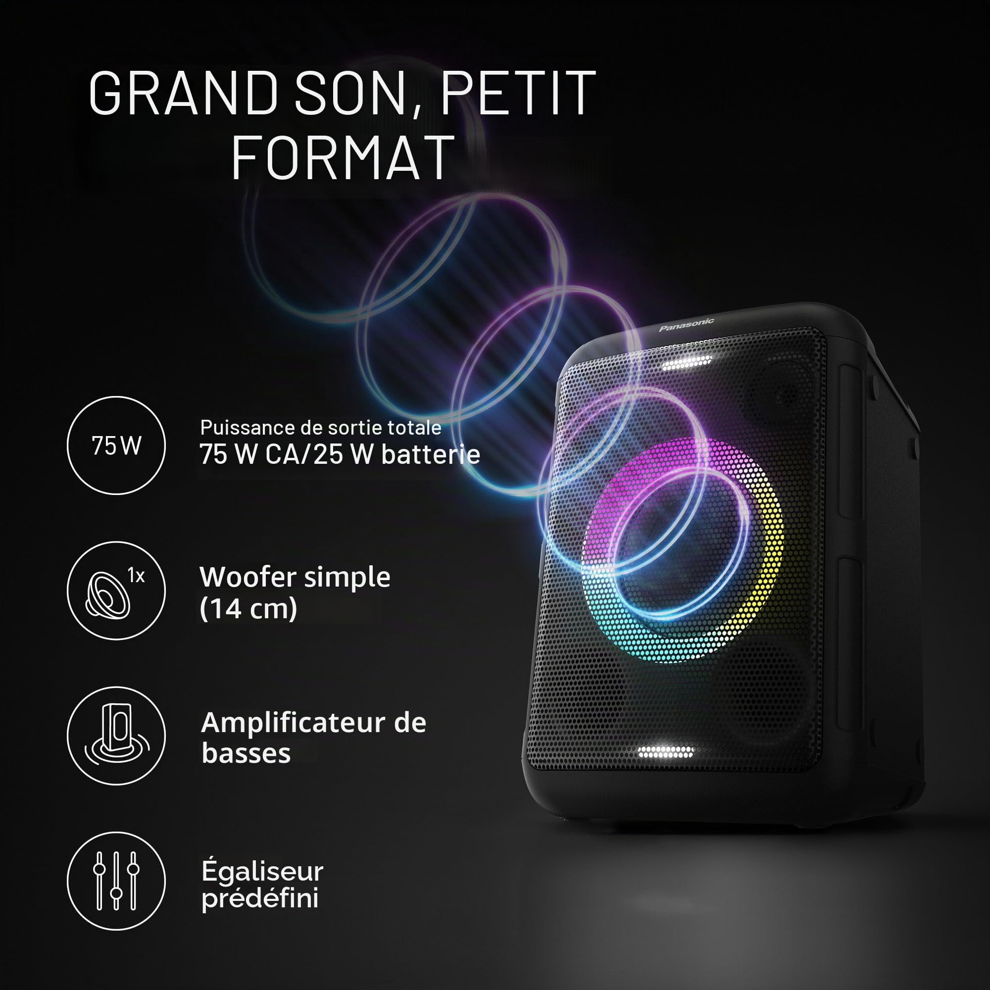 Panasonic SC-BMAX5E-K Enceinte Portable avec Bluetooth, Lumières Intégrées, 75W, USB, Entrée Optique pour TV, Entrées Guitare et Micro pour Karaoké, Noir
