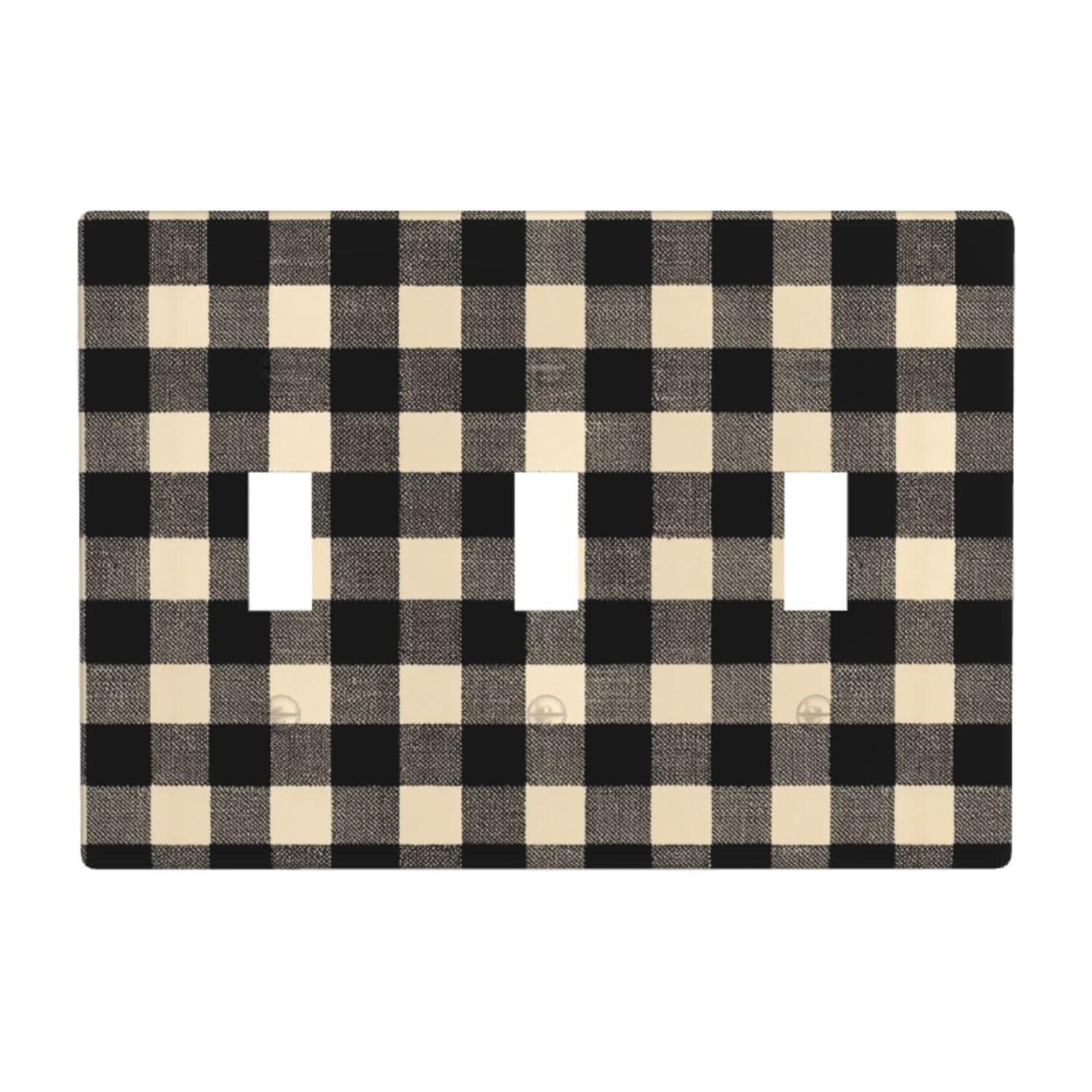Woshuwo White Black Beige Checkered Light Switch Covers 3 Gang Triple Toggle Wall Plate Switchplate Electrical Faceplate For Bathroom Kitchen Bedroom Decor