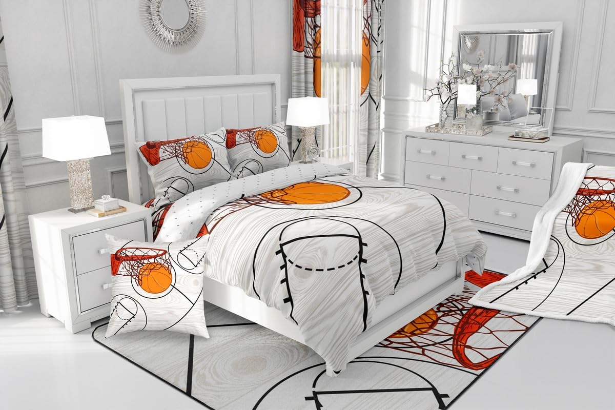 jejeloiu Basketball Bedspread Ball Games Bedspread for Kids Boys Girls Basketball Court Print Coverlet Set Sports Theme Quilted Bedroom Collection 2Pcs Twin Size