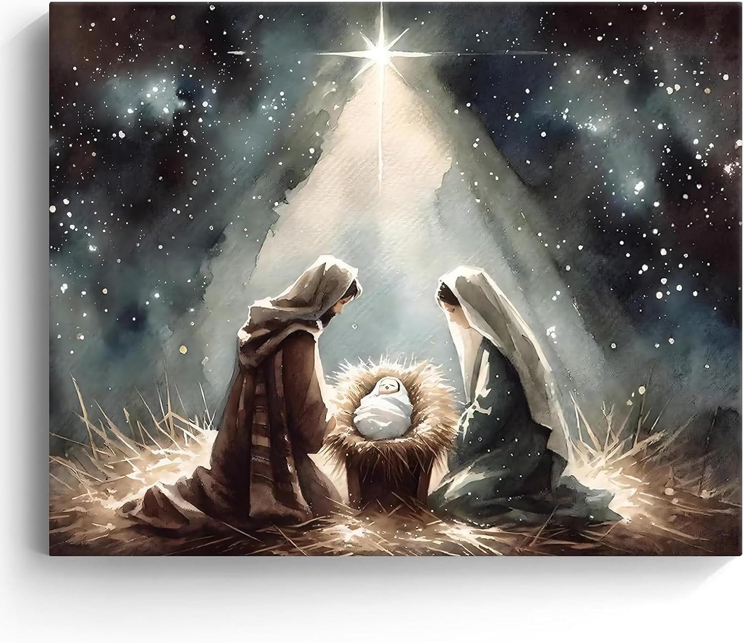 Beautiful Christmas Canvas Wall Art, Holy Family and Star Canvas Print Poster, Spiritual Nativity Christmas Oil Painting, Timeless Religious Artwork, Radiant Pictures Decoration, Framed 24x30inch
