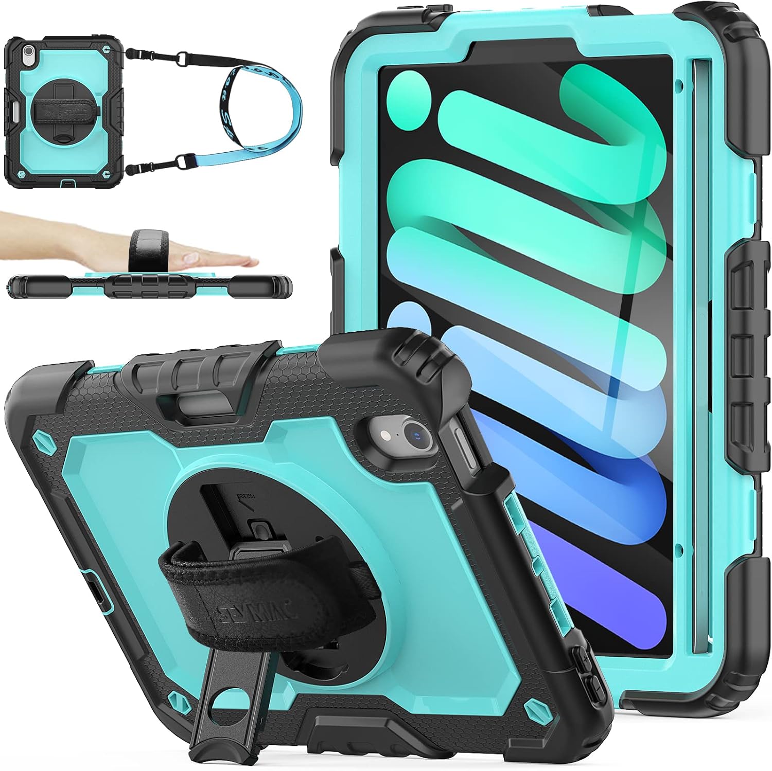 SEYMAC stock Case for iPad Mini 6 8.3'' 2021 with Screen Protector Pencil Holder [360 Rotating Hand Strap] &Stand, Drop-Proof Case for iPad Mini 6th Generation 8.3", Skyblue+Black case for iPad Mini 6th Generation 8.3'' Skyblue+Black