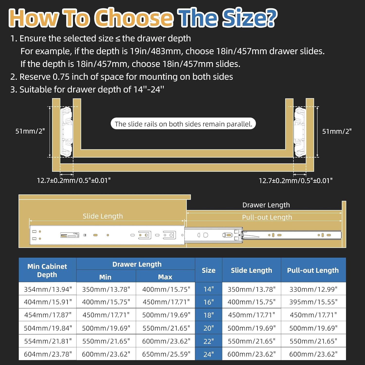 [165 LB Capacity] 1 Pair Soft Close Drawer Slides Side Mount 14 16 18 20 22 Inch, Full Extension Ball Bearing Heavy Duty Drawer Glides, Quiet Cabinet Rail for Home Office RV Tool Box, 18 Inch