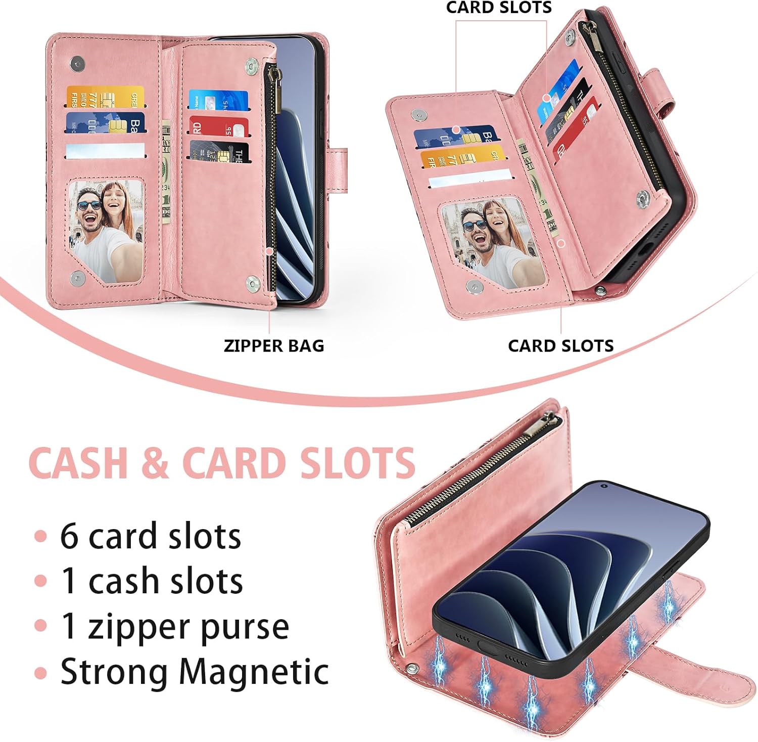 Asuwish Phone Case for OnePlus 10 Pro One Plus 10Pro 5G Zipper Wallet Detachable Cell Cover with Tempered Glass Screen Protector Strap Flower Card Holder On 1Plus 1 + Plus10 1+ Pro Ten Women Rose Gold