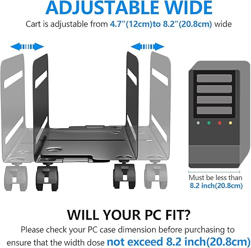 Miniatura 2 de AGPTEK Soporte para CPU, ancho ajustable de 4.7 a 8.2 pulgadas con 2 ruedas de bloqueo y 2 ruedas giratorias, color negro