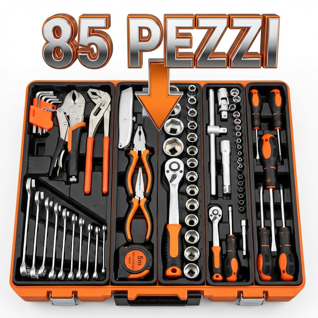 Cassetta Attrezzi Completa 85 Pezzi in Metallo – Set Utensili Professionali in Acciaio Cromo Vanadio con Valigetta Organizer