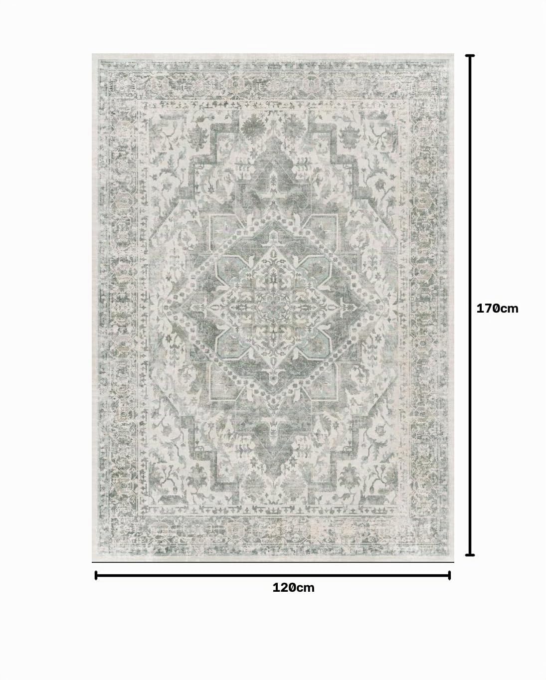 INOVADAY Waschbarer Teppich Wohnzimmer 120x170 cm Vintage Grün | Teppich Schlafzimmer, Teppich Waschbar, Esszimmer, Küche, Boho, Kurzflor, Rutschfest, Weiche, OEKO, Staubsauger, Gefaltet