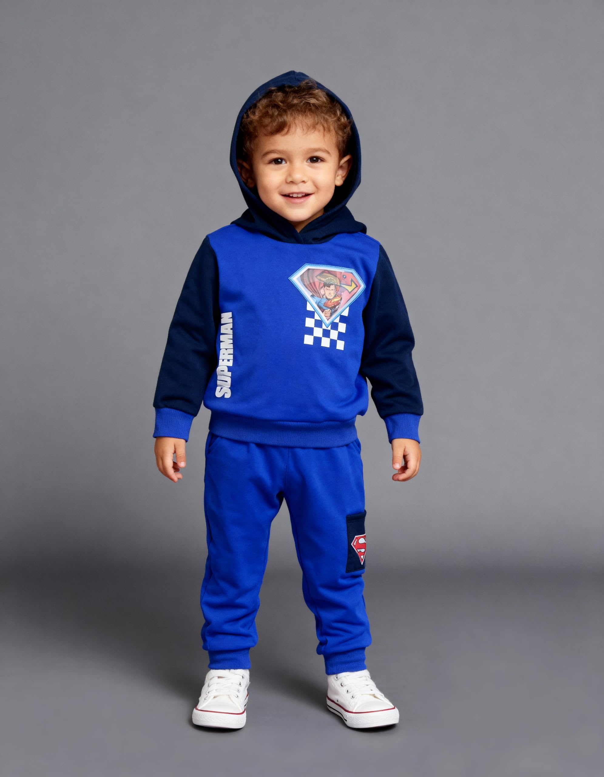 DC Comics Superman Toddler Boys’ Outfit Set - Two Piece Hoodie Sweatshirt with Holographic Patch & Cargo Jogger Pants (Blue, 7)