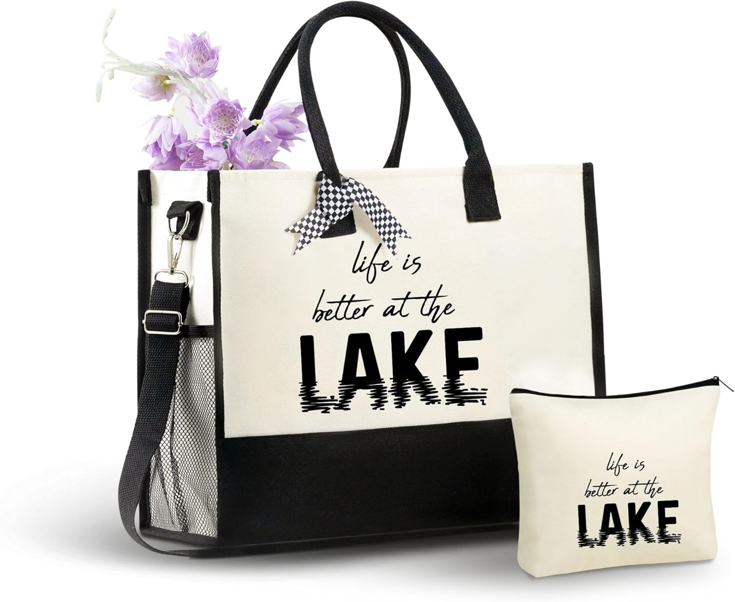 InnoBeta Lake Gifts Canvas Tote Bag, Life Is Better at The Lake, Lake Life Gifts Bag with Top Zipper Closure and Shoulder Strap for Birthday, Mother's Day, Christmas