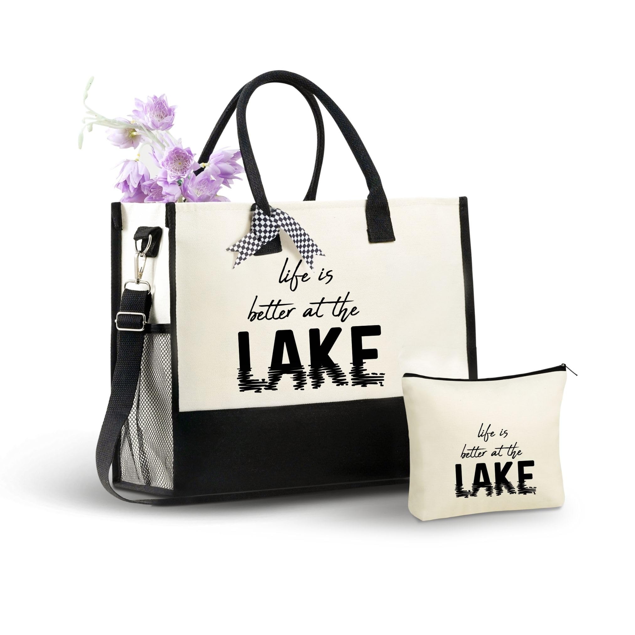 InnoBeta Lake Gifts Canvas Tote Bag, Life Is Better at The Lake, Lake Life Gifts Bag with Top Zipper Closure and Shoulder Strap for Birthday, Mother's