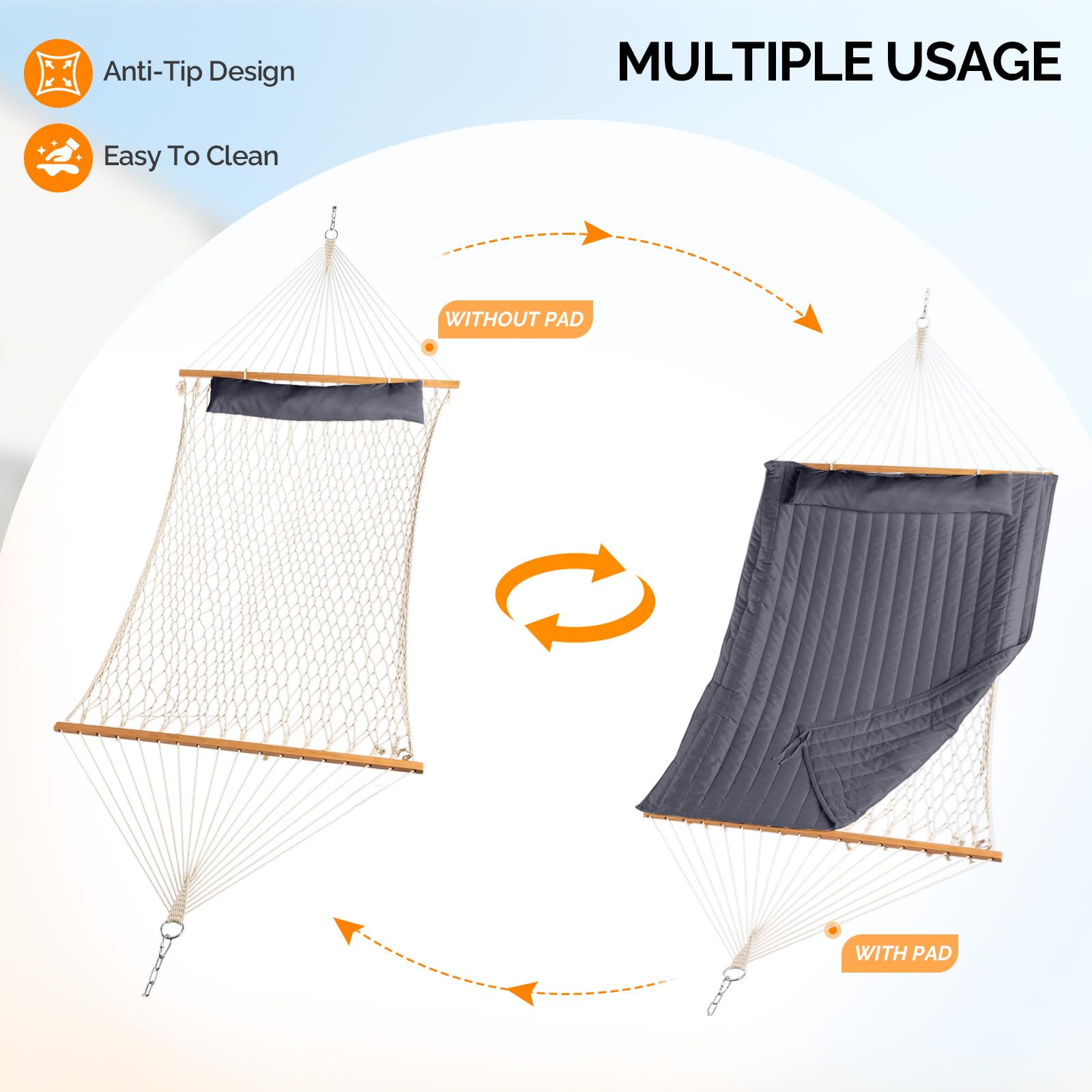 LEADZM Hängematte mit Gestell, Universelle Hängemattenhalterung aus Stahl, bis 250 kg, Großes Doppelstangen-Hängematten-Set - Graue, doppellagige Baumwollbettauflage, 315x133x101 cm