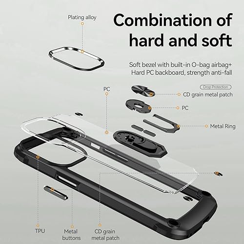 Miniatura 2 de Funda para iPhone 13 Pro, placa trasera acrílica+TPU+diseño de agujero de cuerda, funda protectora para prevención de caídas, con anillo giratorio