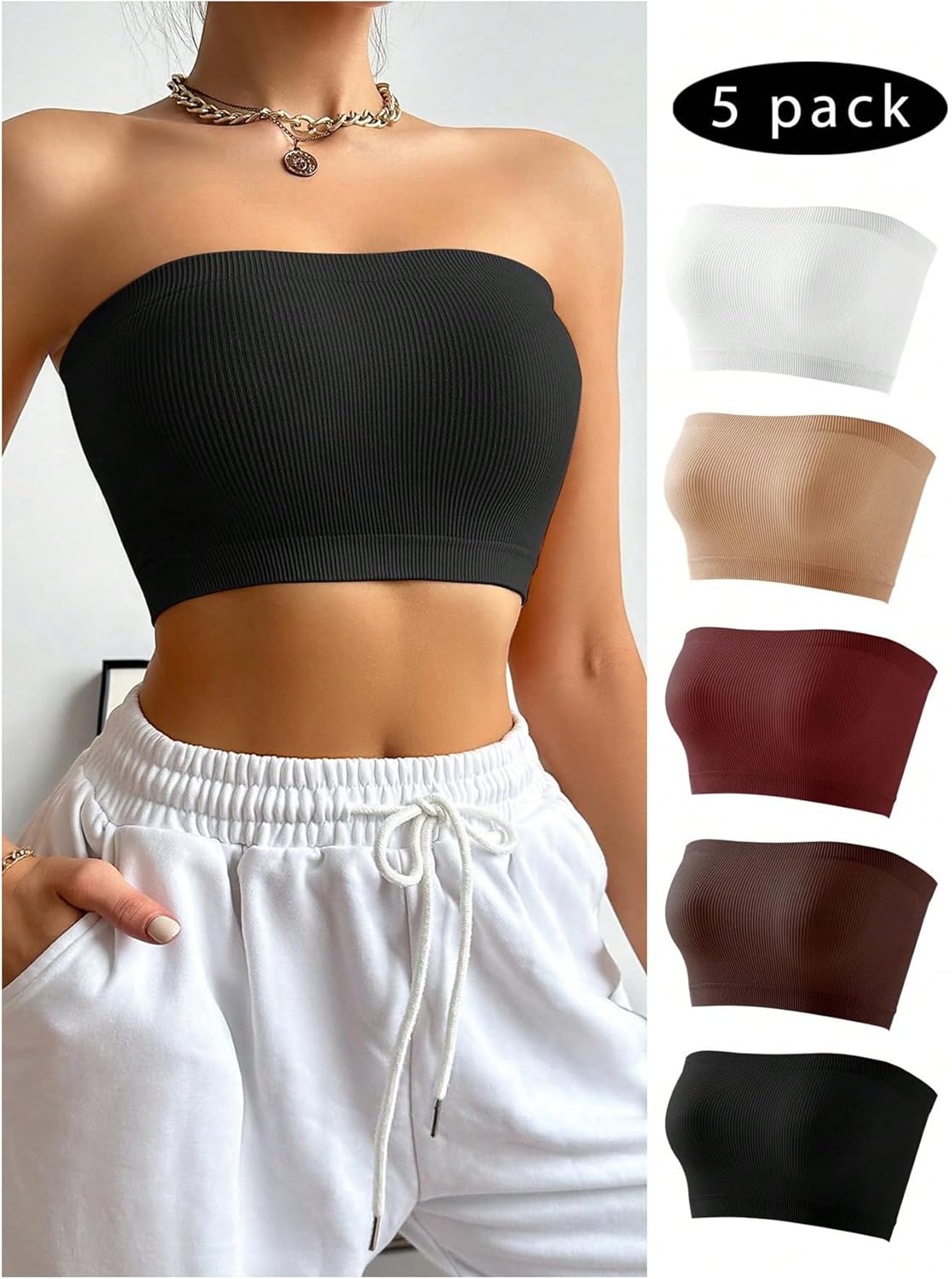 OYOANGLE Women's Maternity Strapless Bra 5 Pack Non Slip Bandeau No Padding Tube Top Bras