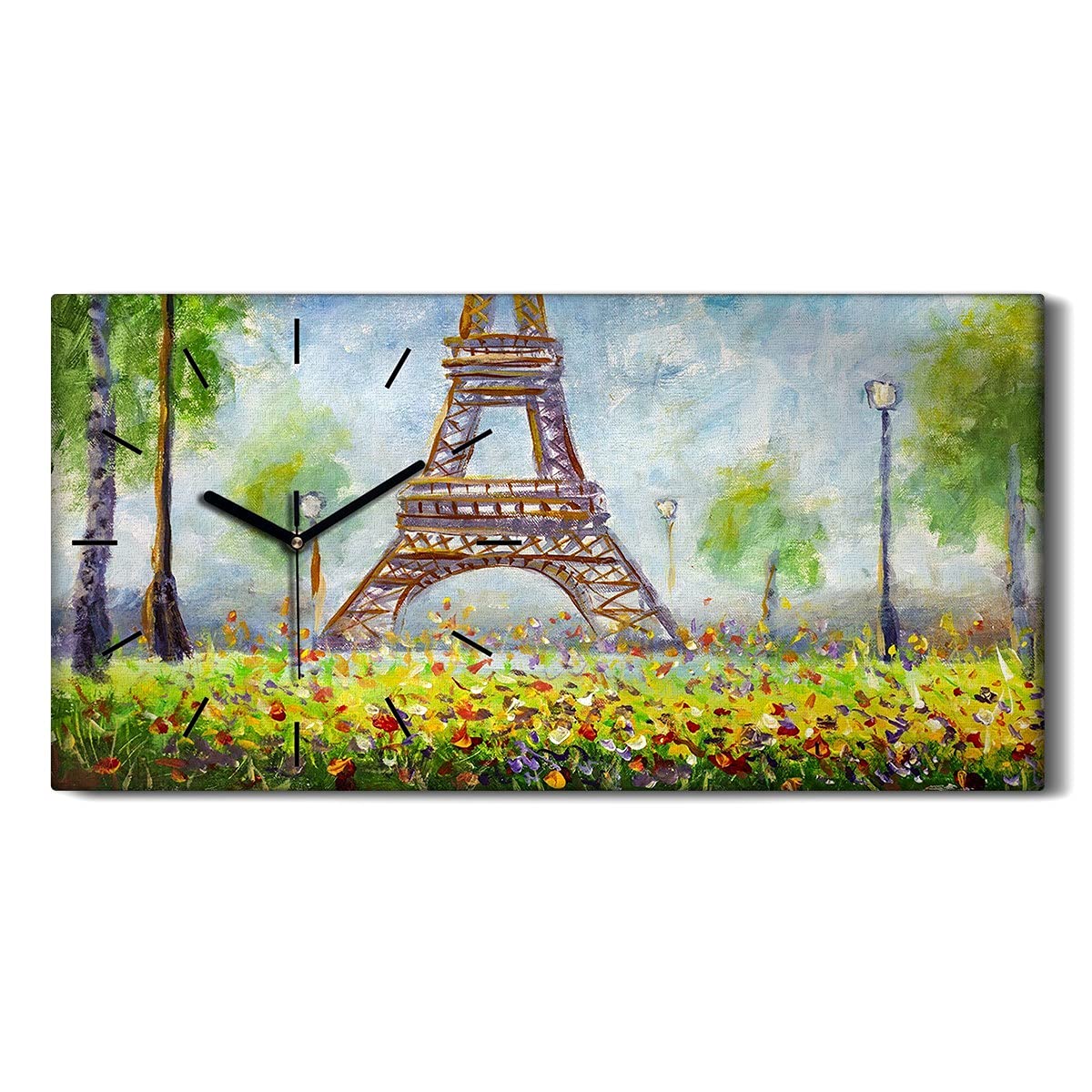 Horloge Silencieuse Salon Deco Moderne Grand Format Fleurs et Tour Eiffel 60x30