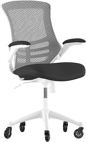 Flash Furniture Kelista Silla de oficina ergonómica giratoria de malla negra con marco blanco, brazos abatibles y ruedas transparentes