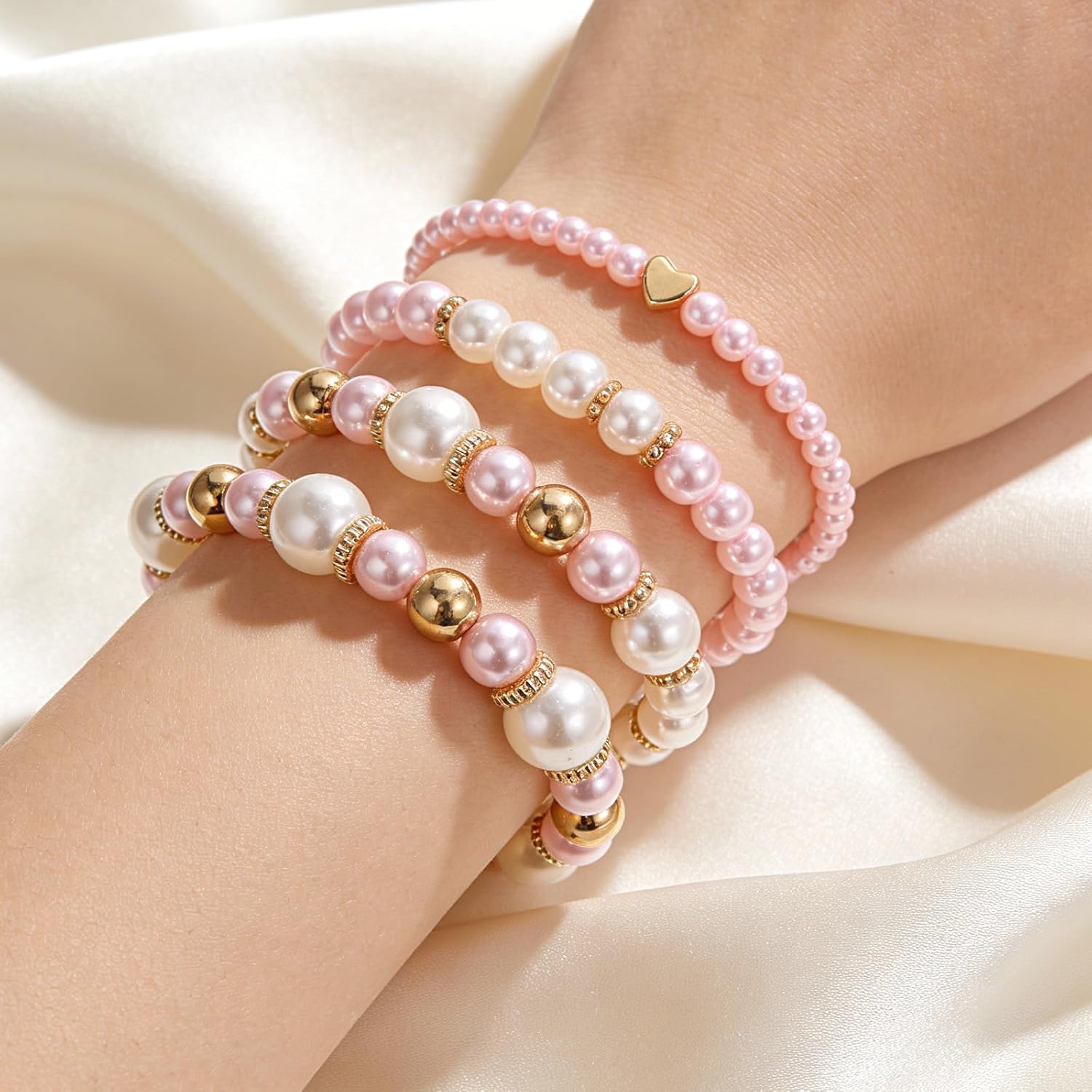 8 Pack Pearl Bracelets for Women Simulated Pearl Beaded Stackable Bracelet Set White Pearls Stretch Bracelet Set Multilayered Elastic Pearls Bracelets Bangles for Women Bridal Boho Jewelry - Image 7