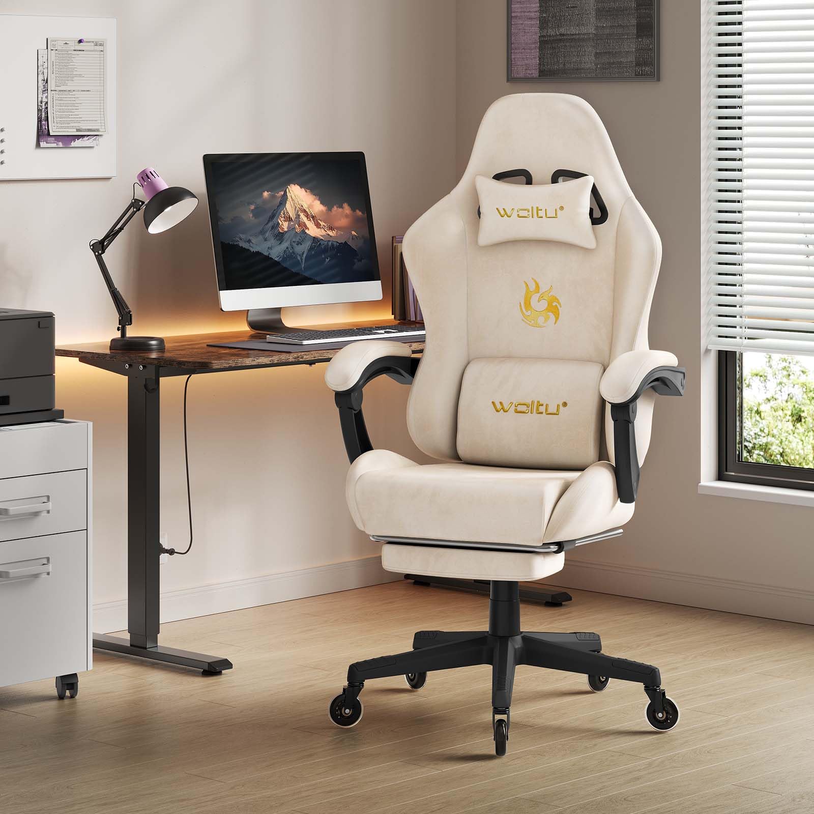 WOLTU Gaming Stuhl ergonomisch, mit Verstellbarer Rückenlehne, Bürostuhl drehbar mit Armlehenen, Fußstütze, Lendenstütze, Kopfstütze,Beige