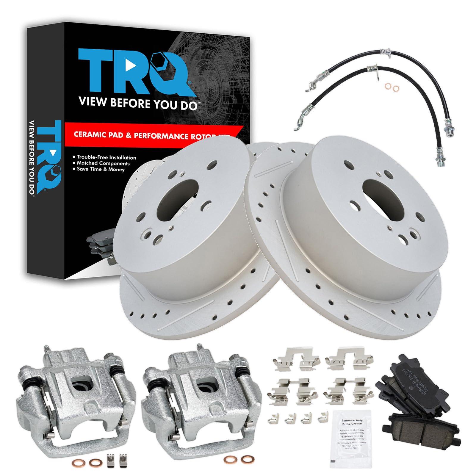 TRQ Performance Rear Brake Pad and Rotor Set Ceramic Slotted Drilled Coated Calipers Compatible with 04-06 Lexus RX330 06-08 RX400h 07-09 RX350 06-07 Toyota Highlander with All Wheel Drive