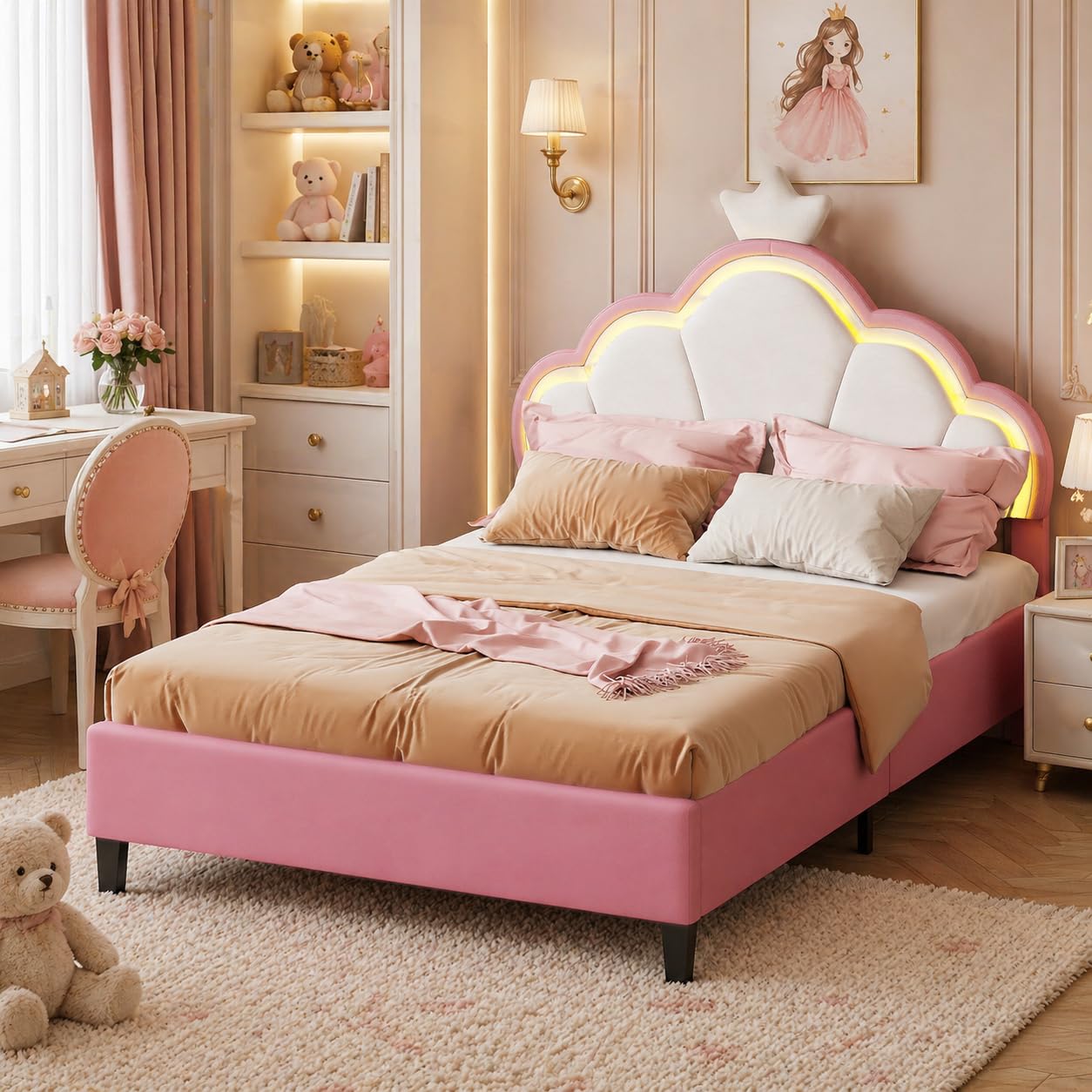 Cama infantil tapizada, 90 x 200 cm, cama infantil con LED, estructura individual de corona con somier, cabecero ajustable, tela aterciopelada (rosa, blanco y tela de terciopelo, 90 x 200)