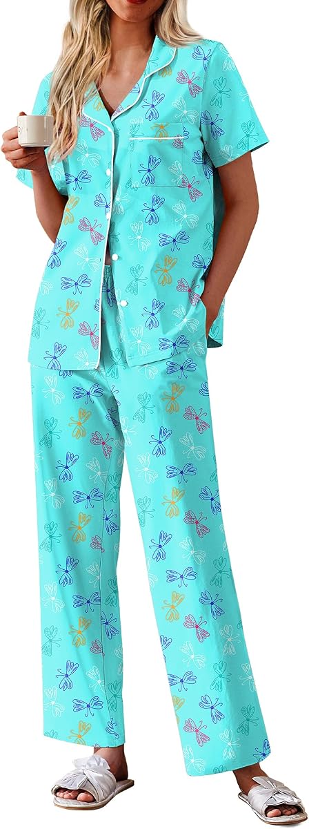 Ekouaer Conjunto de pijama de algodón para mujer, pijama de manga corta con botones y pantalones | Ropa de descanso suave con bolsillo en el pecho, pantalones con bolsillos, cuello de muesca, cómodo conjunto de salón, ropa de dormir de 2 piezas, moda para el hogar, fiesta