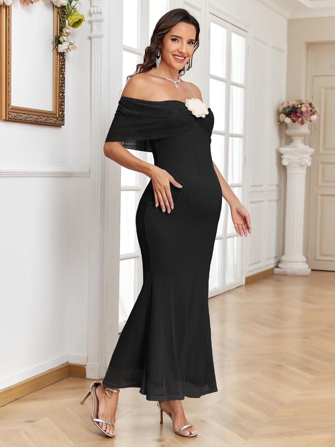 Maternity Off The Shoulder Mermaid Maxi Dress Sleeveless Mesh Bodycon Pregnancy Dresses Baby Shower with Floral - Image 6