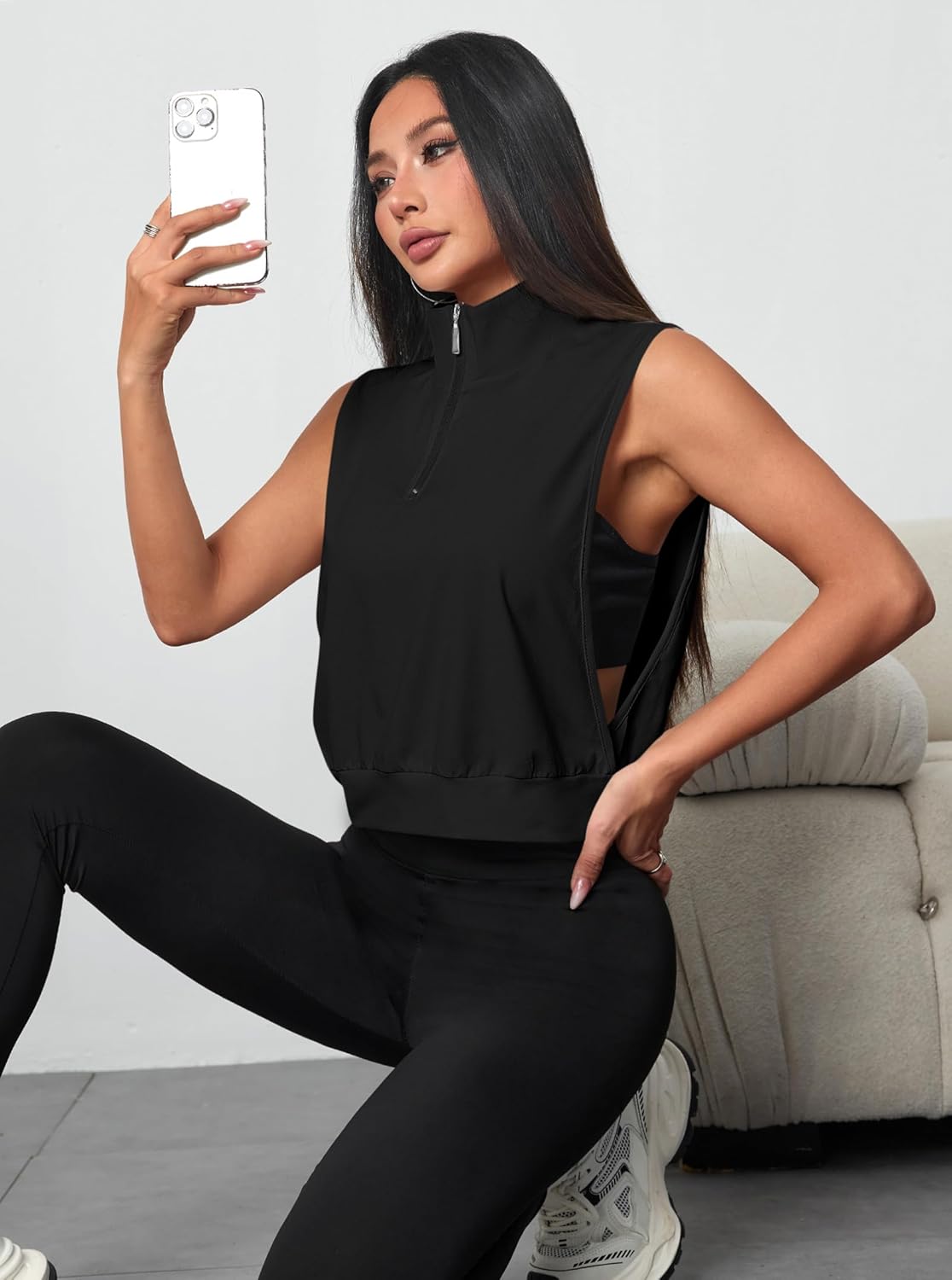 Remidoo Women Half Zip Cropped Tank Tops Sleeveless Workout Tops Collared Open Side Activewear - Image 6