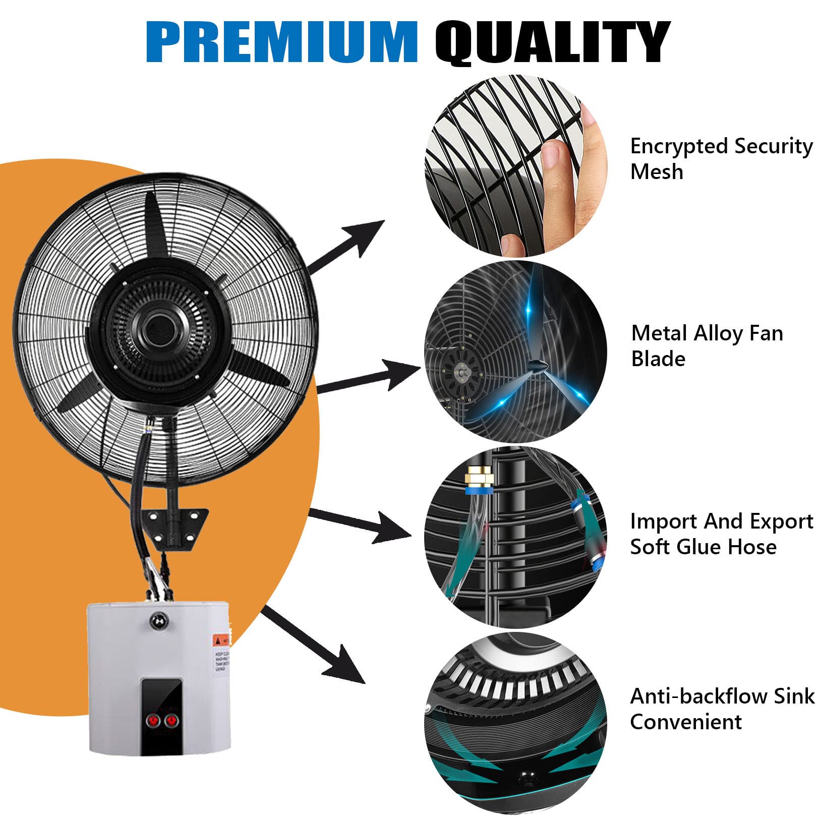 Ventilador Industrial De Pared, Ventilador Oscilante De 90° con Nebulización para Exteriores Y 3 Velocidades, Ventilador De Refrigeración para Patio, Restaurante, Taller O Exteriores.